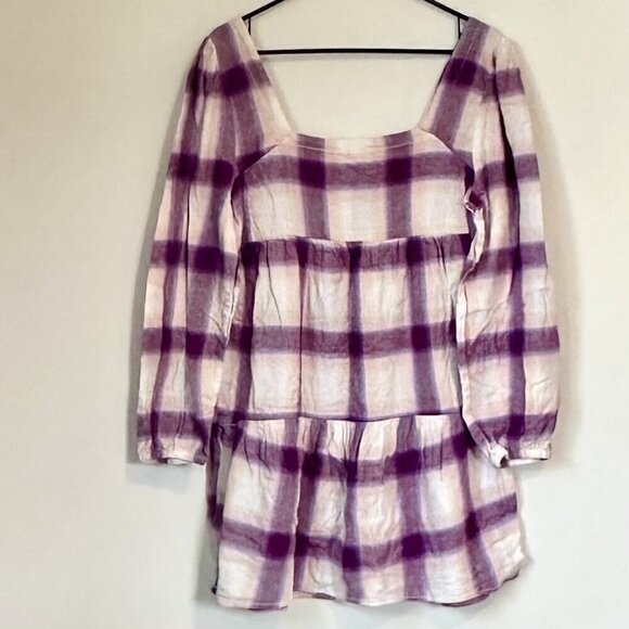 NWT BP by Nordstrom Cream + Purple Plaid Long Sleeve Square Neck Mini Dress - S - Picture 7 of 7